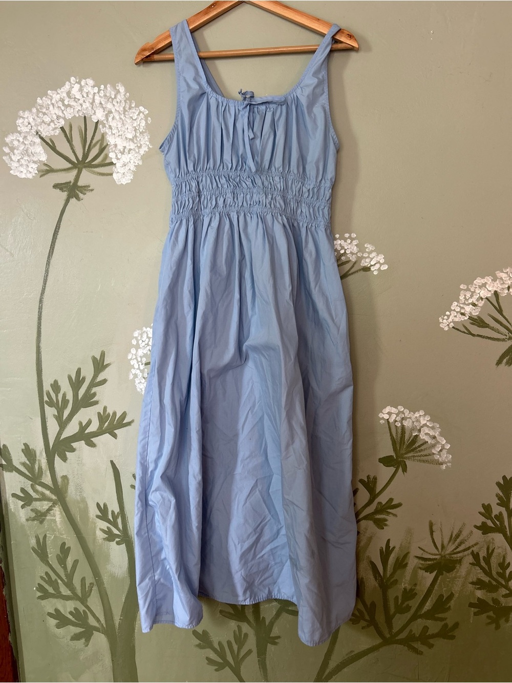 Light Blue Peasant Maxi Dress with Smocked Waist and pockets